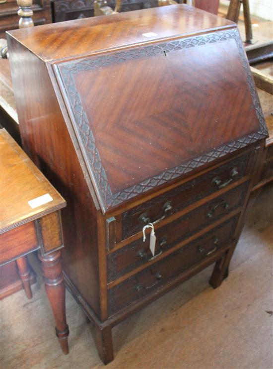 Edwardian blind fret-carved mahogany bureau